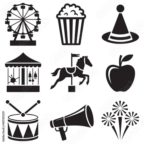 Collection of black and white silhouette icons representing classic carnival and fairground attractions and treats for festive design
