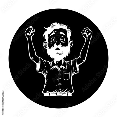 Cartoon vector illustration of a man in a black and white background with raised arms expressing excitement and triumph