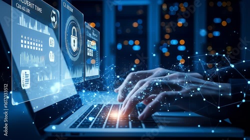 Hands Typing on Laptop with Digital Security and Data Visualization in a High-Tech Office Setting