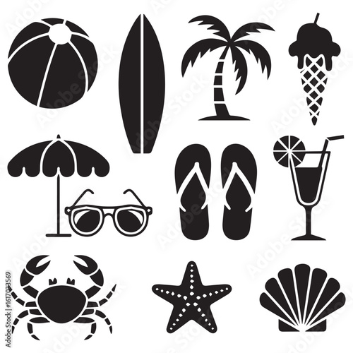 Collection of black silhouette icons representing summer beach vacation activities and objects on a white background