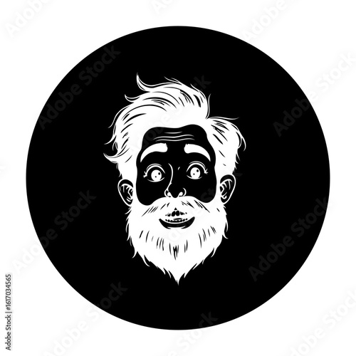 A whimsical black and white portrait of an old man with a full beard and wild hair expressive illustration