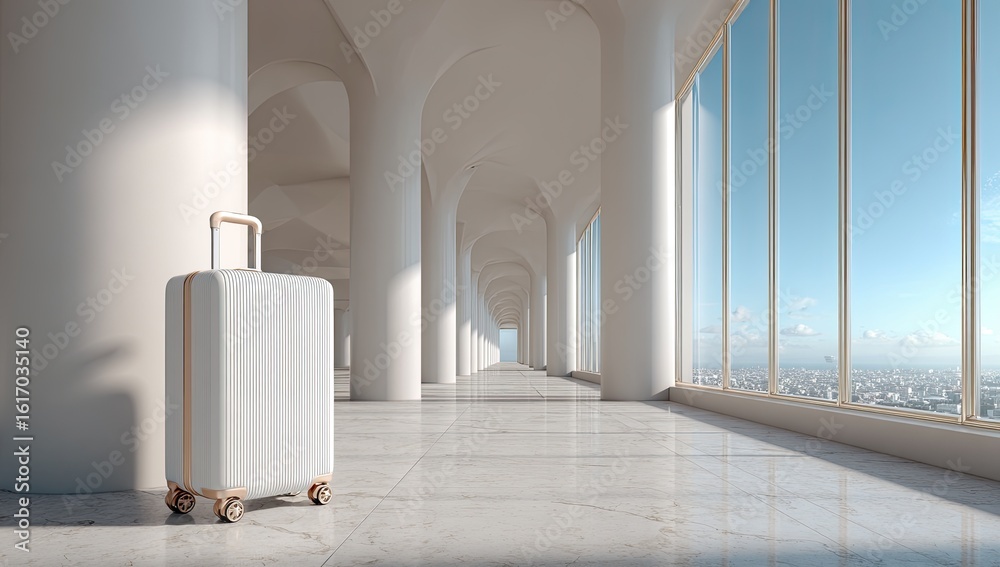 Obraz premium White suitcase in a modern, light-filled hallway