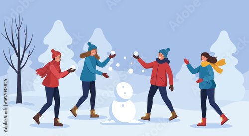 Four People Playing Snowball Fight in Winter.