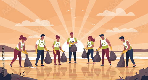 Volunteers Cleaning Up Beach with Trash Bags.