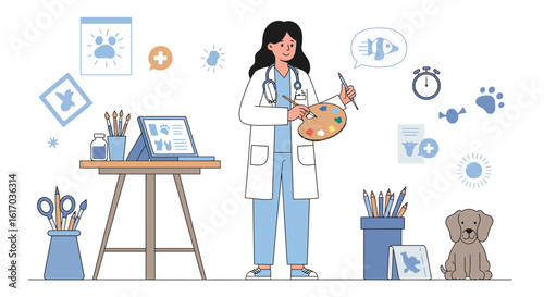 Veterinarian Artist Holding Palette and Paintbrush Illustration Style.