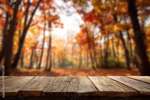 Fototapeta Naklejka Na Ścianę i Meble -  Autumn forest backdrop on weathered wood