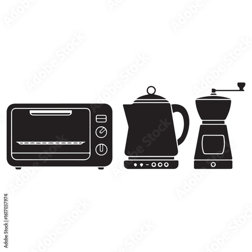 Collection of modern kitchen appliances including a toaster oven electric kettle and coffee grinder in a clean silhouette style