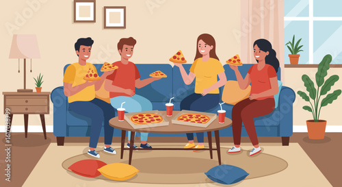 Friends Enjoying Pizza Together Relaxing on Sofa Eating.