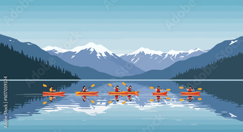 Kayakers Paddling on Calm Lake with Mountain View.