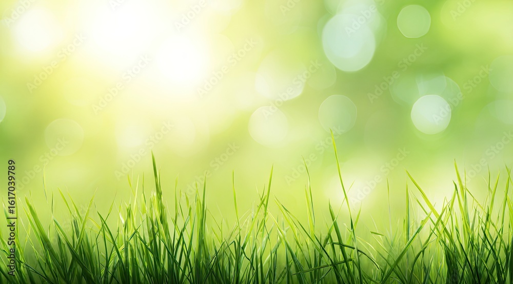 Fototapeta premium Lush green grass at the edge of a blurred springtime backdrop