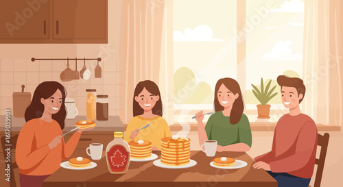 Family Enjoying Pancakes Breakfast Together at Home.