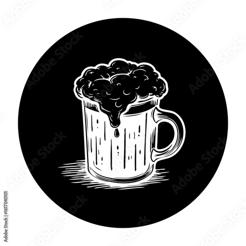 A frothy beer overflowing illustration in black and white suitable for pubs and restaurants and more