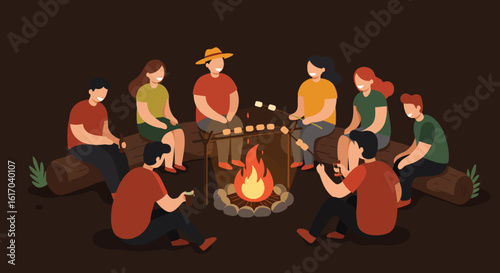 Group of Friends Enjoying a Campfire Together.