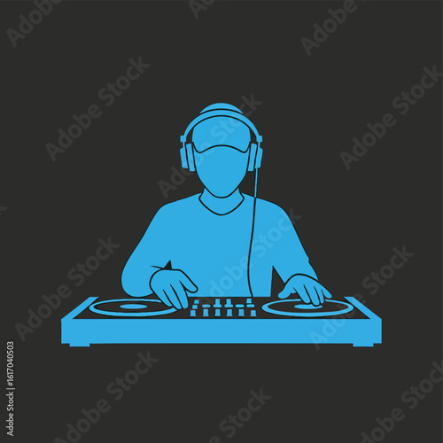Blue Silhouette DJ Mixing Music on Turntables with Headphones.