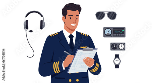 Smiling Pilot in Uniform Writing on Clipboard.