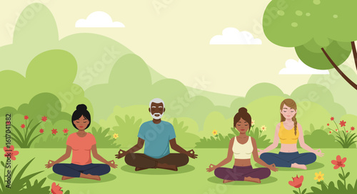 People Meditating Outdoors in Peaceful Park Setting.