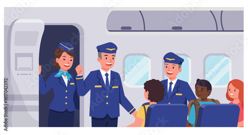 Smiling Airline Crew Welcoming Passengers on Airplane.