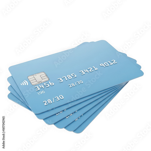 Stack of light blue credit cards isolated on transparent background