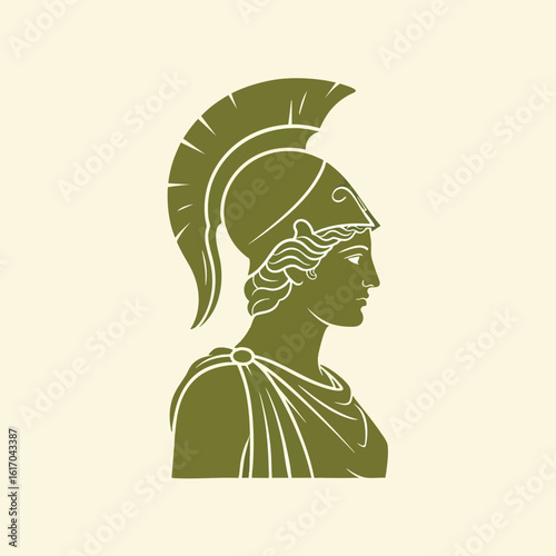 Profile portrait of an ancient Greek goddess or warrior wearing a crested helmet.