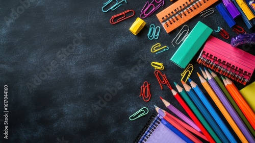a flat lay of colorful school supplies pencils, notebooks, paperclips neatly arranged on a chalkboard background with space for text