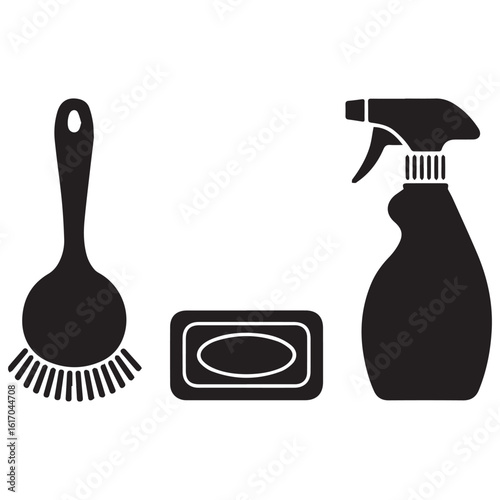 Simple black silhouette icons of a cleaning brush a bar of soap and a spray bottle for household chores and hygiene