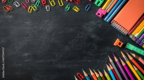 a flat lay of colorful school supplies pencils, notebooks, paperclips neatly arranged on a chalkboard background with space for text
