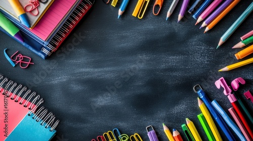 a flat lay of colorful school supplies pencils, notebooks, paperclips neatly arranged on a chalkboard background with space for text
