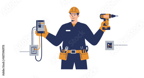 Electrician Holding Drill and Electrical Components Illustration.