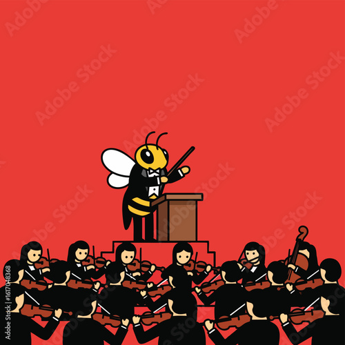 Cartoon Bee Conducting Orchestra with Violinists.