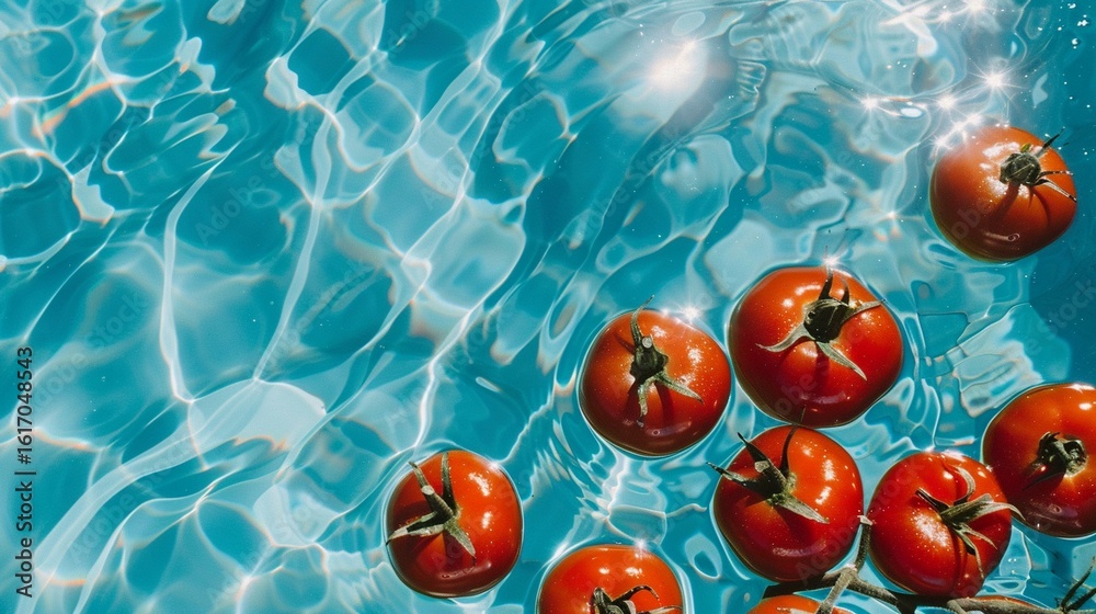 Fototapeta premium Tomatoes Floating in Turquoise Water Macro/水に浮かぶトマトのマクロ8
