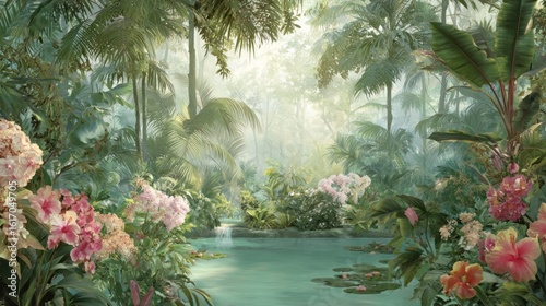 Lush jungle scene with vibrant flowers, a tranquil pond, and sunlight filtering through foliage