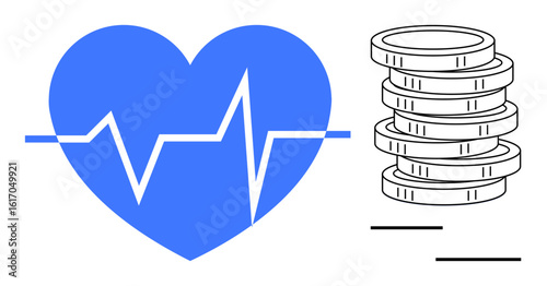 Blue heart with a heartbeat line and stack of coins highlighting health and financial security. Ideal for healthcare costs, insurance, wellness investment, savings, medical budgeting, financial