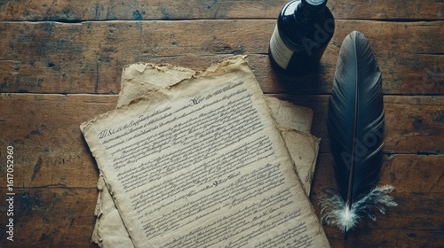 a vintage flat lay of U.S. Constitution pages, an ink bottle, and a feather quill arranged on an aged wooden table with soft shadows