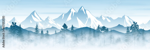 Mountain ranges with forest in the fog, panoramic view, vector illustration