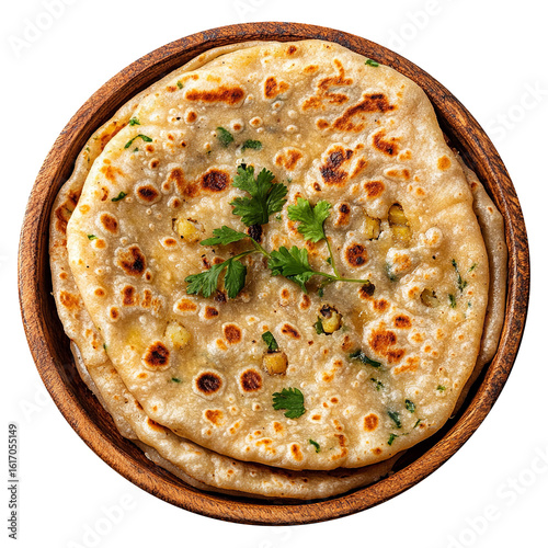 Aloo paratha or flatbread stuffed with spices isolated on transparent background