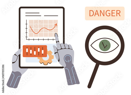 Robotic hands analyzing graphs on a tablet, gear, magnifying glass with eye icon, and danger alert. Ideal for technology, robotics, AI, data analysis innovation safety control systems. Simple flat