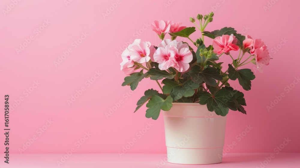 Fototapeta premium Bright geranium flowers in a pot bloom in clusters on top of lush green leaves on a pink background.