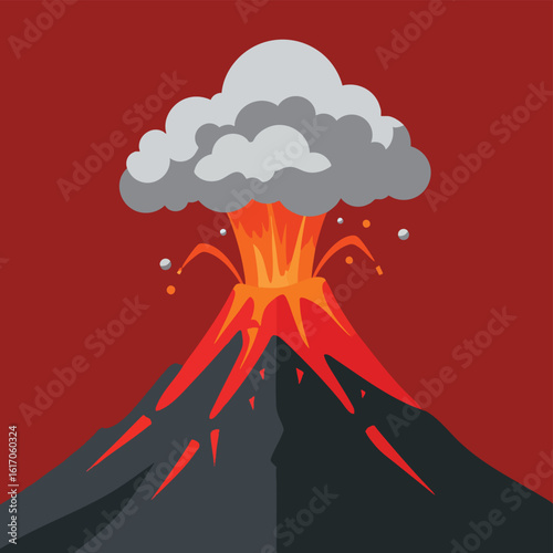 Cartoon style illustration of a volcano erupting with hot lava red flows and a large grey smoke cloud.