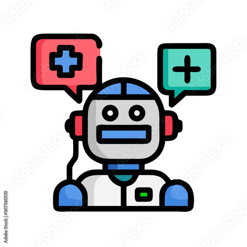 Robot icon with speech bubble displaying medical symbol. AI health assistant concept. Vector icon for app, website, infographic, medical technology