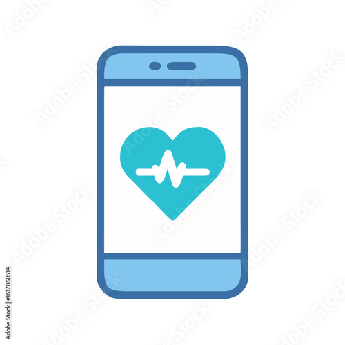 Smartphone with heart and pulse line on screen, smart health mobile app, digital medicine technology, fitness tracking. Vector icon