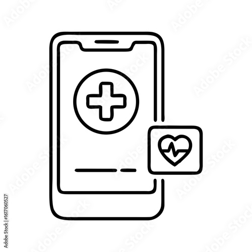 Smartphone with medical cross on screen and heart rate icon. Telemedicine app, online medicine, health monitoring technology concept. Vector line art icon