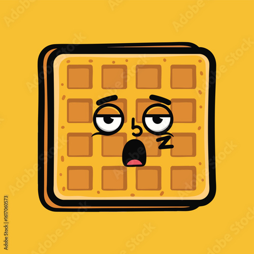 Sleepy Waffle Cartoon Character on Yellow Background.