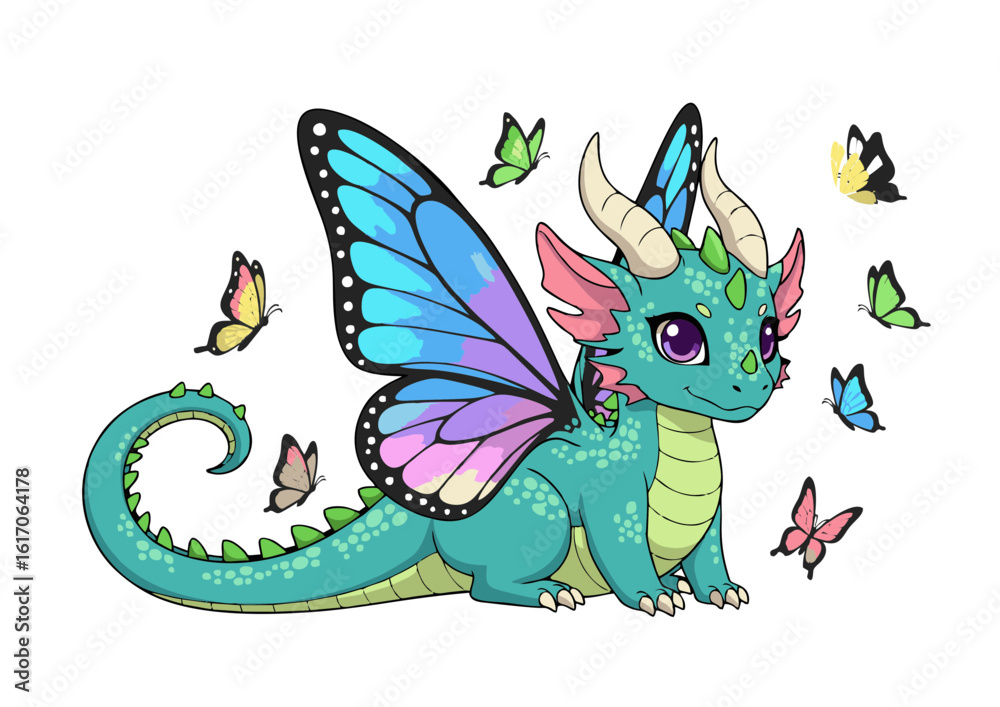 Fototapeta premium Adorable Teal Dragon with Pastel Butterfly Wings.