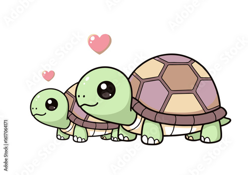 Adorable Cartoon Turtles in Love Featuring Heart-Shaped Bubbles Cute Design.