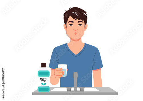 Man Rinsing Mouth with Mouthwash Holding Glass of Water.