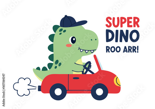 Cartoon Dinosaur Driving a Red Car with a Baseball Cap.
