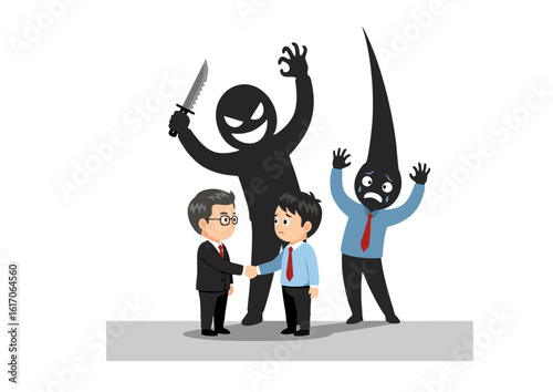 Two businessmen shaking hands unaware of menacing shadow figures wielding a knife and expressing fear.