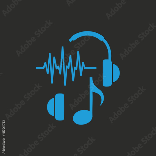Audio Headphones with Music Notes and Sound Waves.