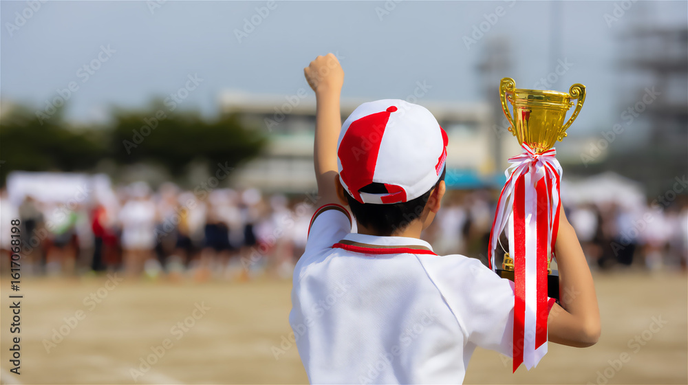 Fototapeta premium 運動会で金のトロフィーを持ちガッツポーズする小学生