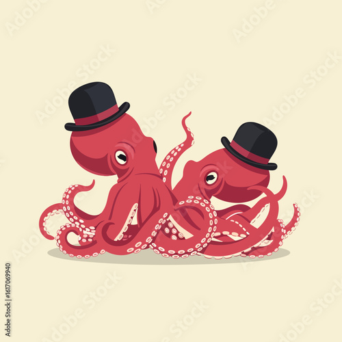 Two charming red octopuses wearing stylish bowler hats.